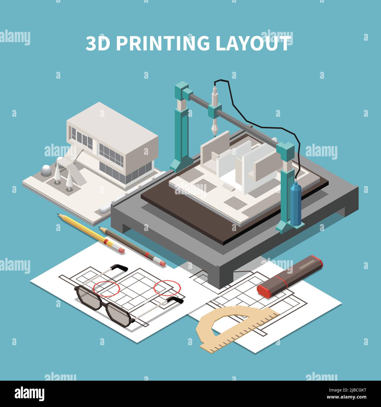 Architect isometrische Komposition mit Text und Bildern von 3D Drucklayout mit Projekt-Papierkram und Gebäude Vektor Illustration Stock Vektor