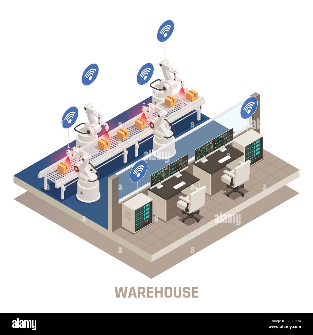 Moderne Lager voll automatisierte computergesteuerte Förderlinie mit Roboterarmen Sortierung Pakete isometrische Zusammensetzung Vektor Illustration Stock Vektor