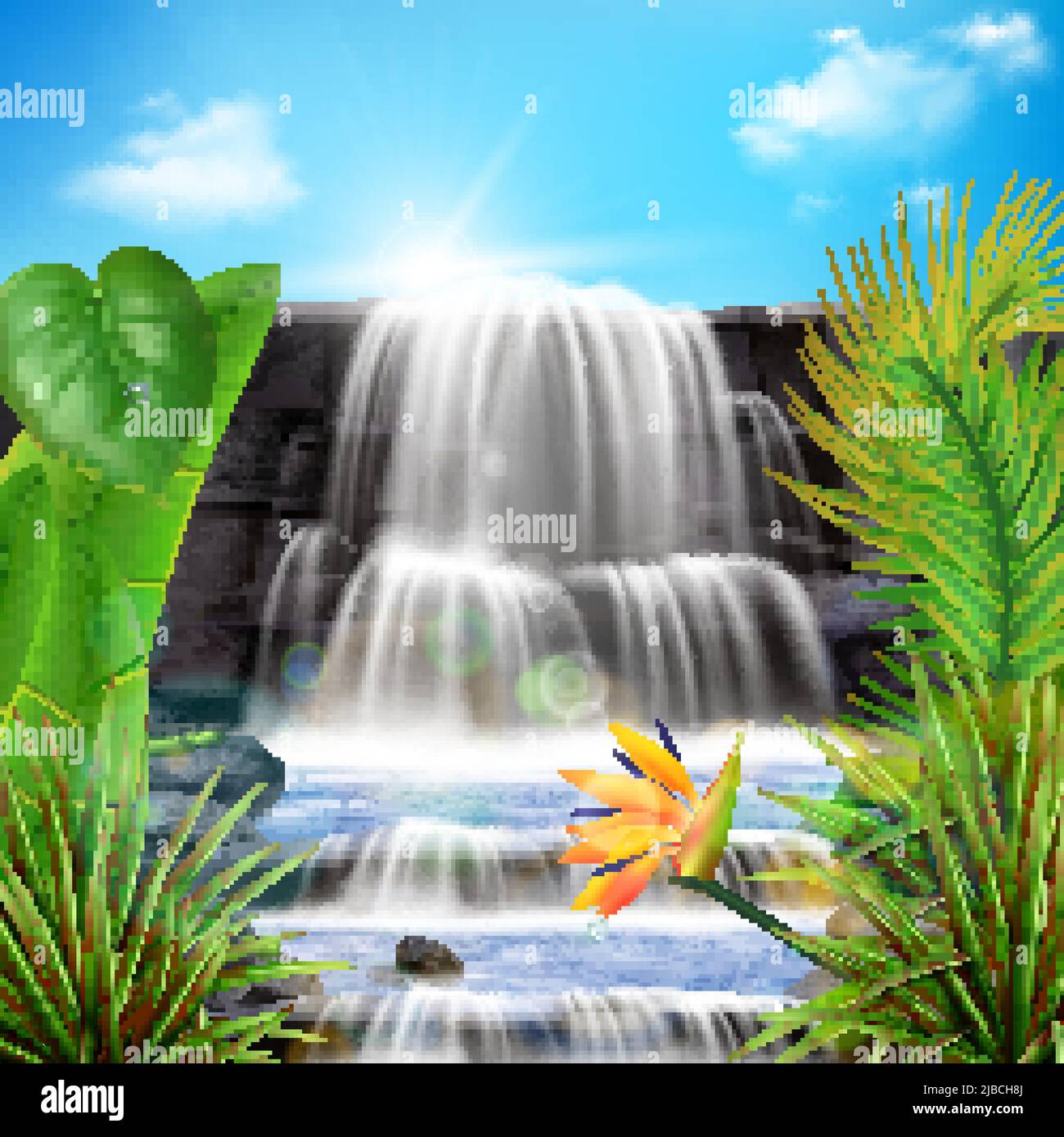 Realistischer tropischer Wasserfall Hintergrund mit Sommer Nachmittag Landschaft und exotischen Pflanzen mit Wasserfluss durch dalles Vektor-Illustration Stock Vektor