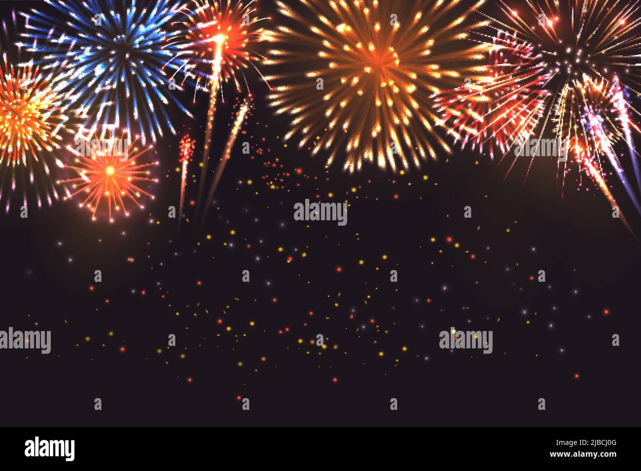 Realistische Feuerwerk Komposition mit Bildern von pyrotechnischen Feuerwerk zeigen bunte Formen und Partikel auf dunklem Hintergrund Vektor-Illustration Stock Vektor