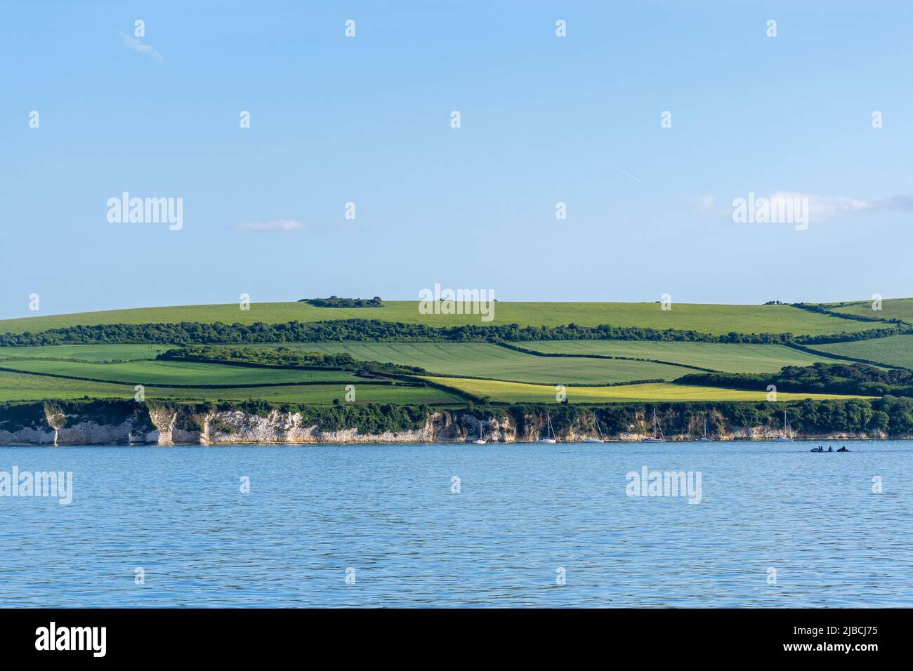 Blick auf die jurassic Coast vom Meer aus gesehen, mit landwirtschaftlichem Land und felsiger Küste, Dorset, England, Großbritannien. Dorset Küstenlandschaft. Stockfoto