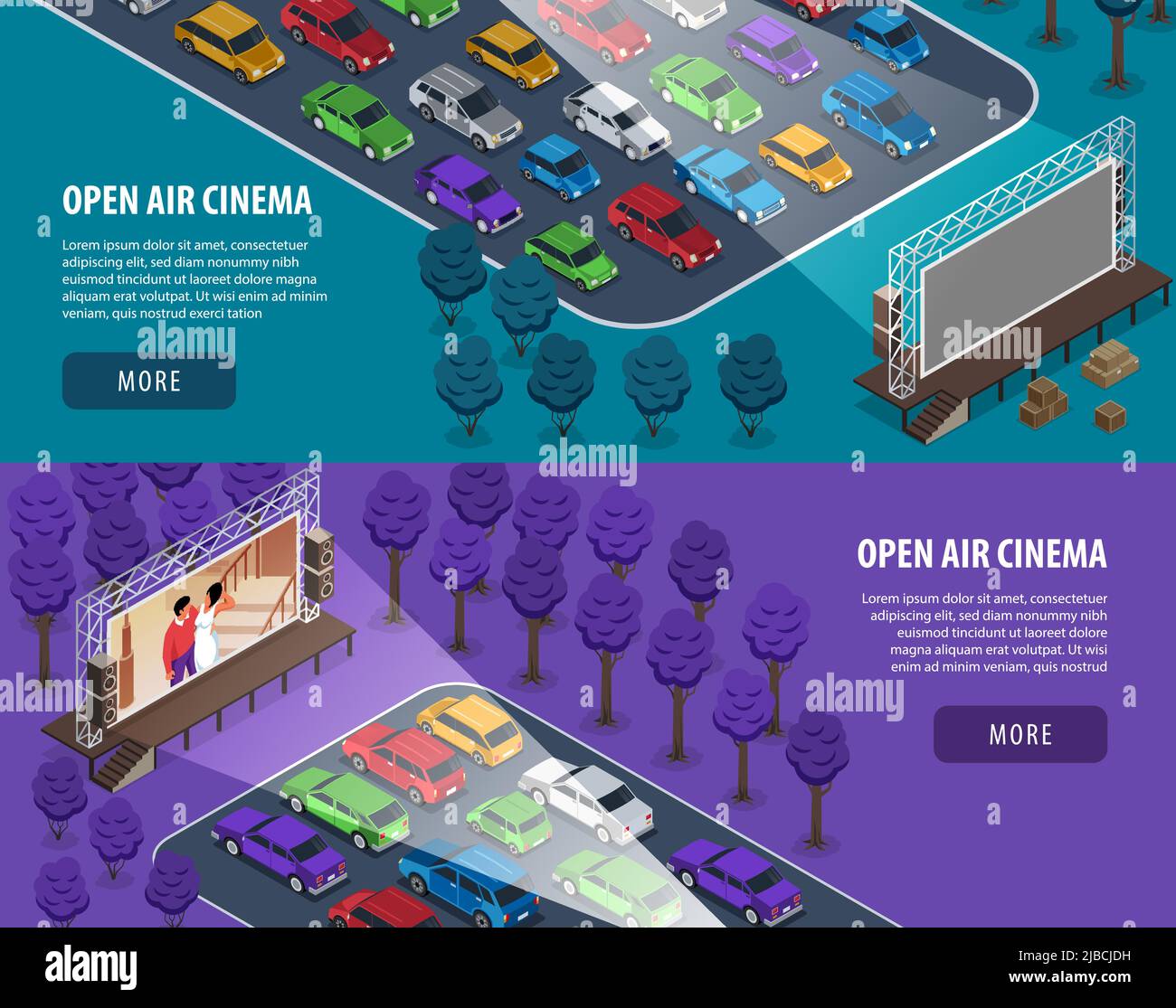 Isometrische Open-Air-Kino-Banner mit Tasten, bearbeitbarem Text und Außenansichten von Drive-in-Theater-Vektorgrafik Stock Vektor