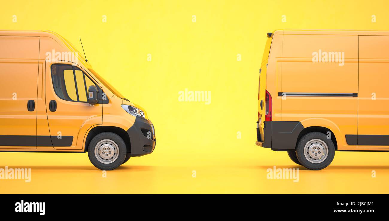 Gelber Van auf gelbem Hintergrund. Express Delivery Flottenkonzept. 3D Abbildung Stockfoto