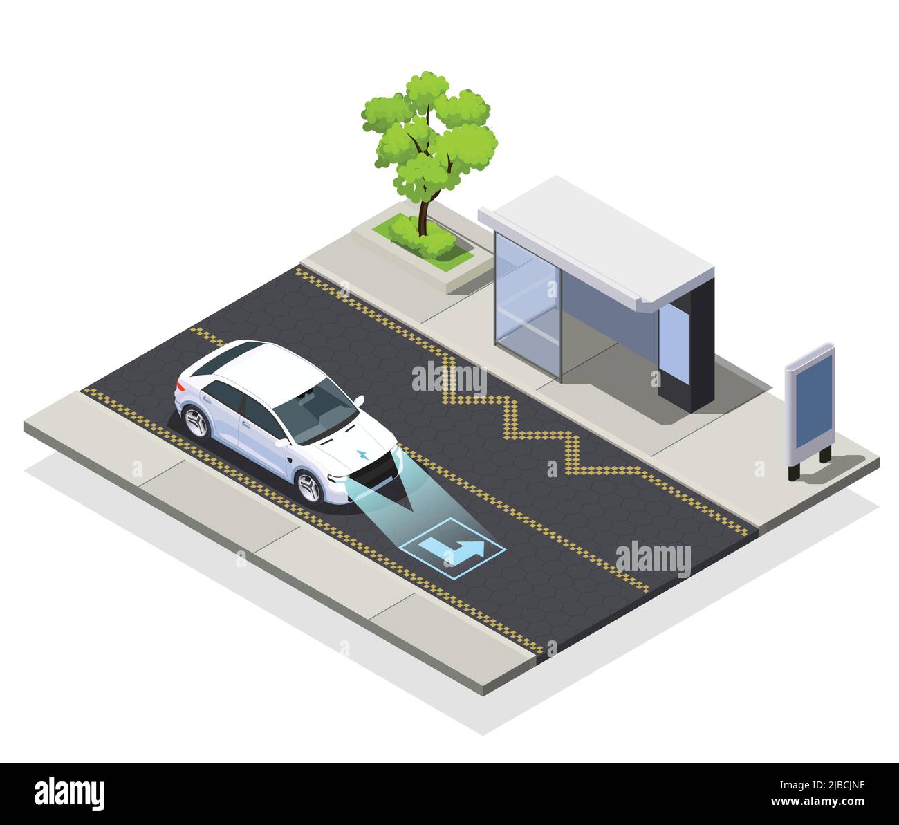 Smart City-Technologien isometrische Zusammensetzung der Straße mit Bushaltestelle und fahrenden Auto mit Scanner-Vektor-Illustration ausgestattet Stock Vektor