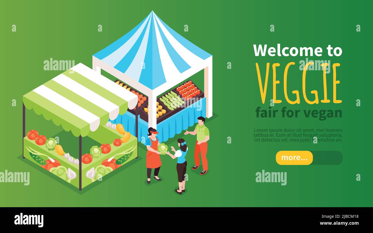 Isometrische Lebensmittel Gerichte fair horizontalen Banner mit Bildern von Marktständen verkaufen Obst Gemüse mit Text-Vektor-Illustration Stock Vektor