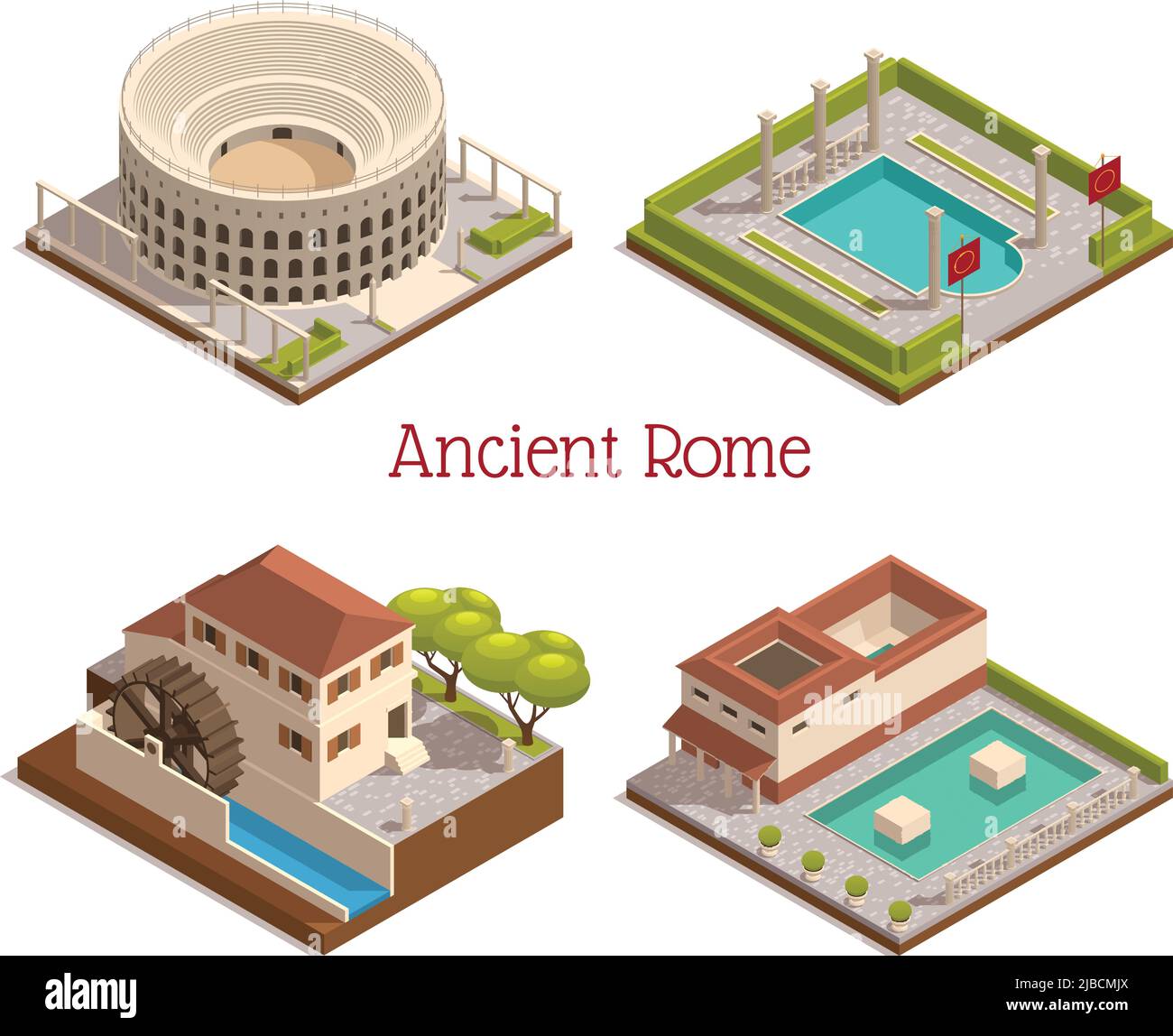 Alte rom Sehenswürdigkeiten 4 isometrische Komposition mit colosseum Forum tabularium Säulen Ruinen hölzerne Wassermühle Rad Vektor Illustration Stock Vektor