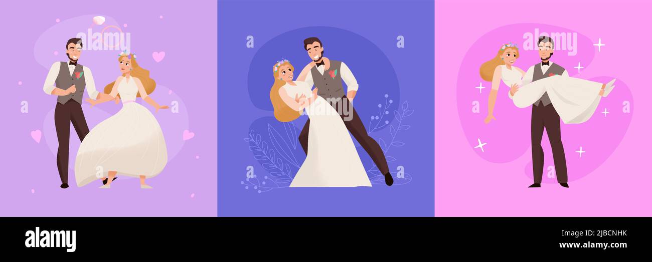 Hochzeitstag Heirat Zeremonie Konzept 3 rosa violetten Hintergrund flache Kompositionen mit glücklich neuvermählten Paar Vektor-Illustration Stock Vektor