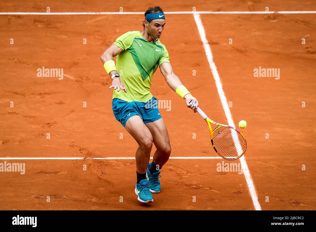 Paris, Frankreich, Frankreich. 5.. Juni 2022. Rafael NADAL von Spanien während des Tages fünfzehn von Roland-Garros 2022, French Open 2022, Grand Slam Tennisturnier im Roland-Garros Stadion am 05. Juni 2022 in Paris, Frankreich. (Bild: © Matthieu Mirville/ZUMA Press Wire) Stockfoto