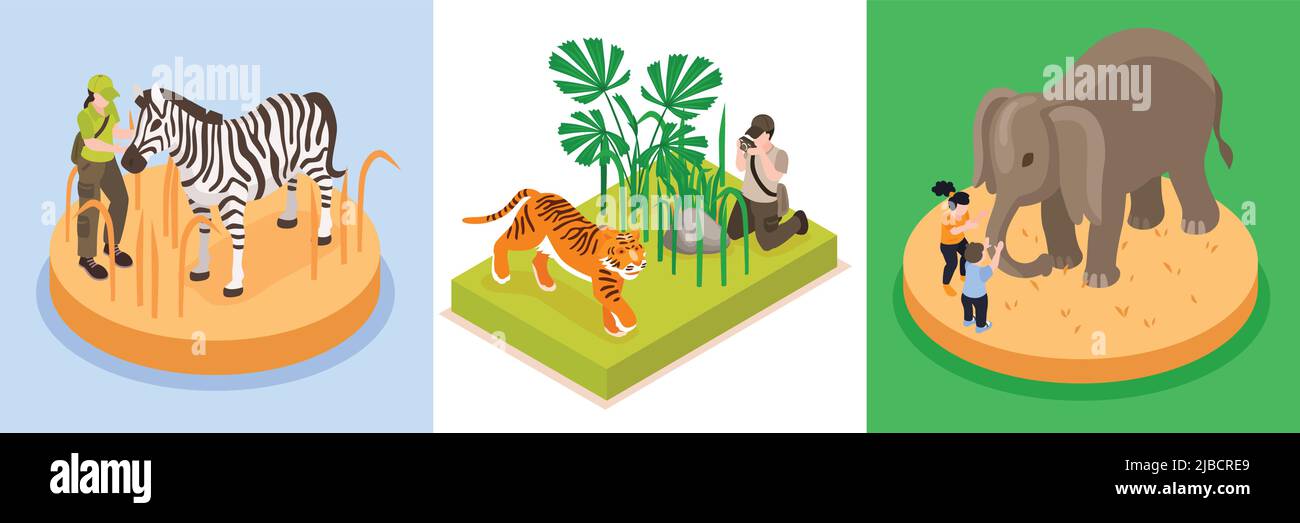 World Wildlife Day Design-Konzept Set aus drei quadratischen Kompositionen mit seltenen Tieren isometrische Vektor-Illustration Stock Vektor