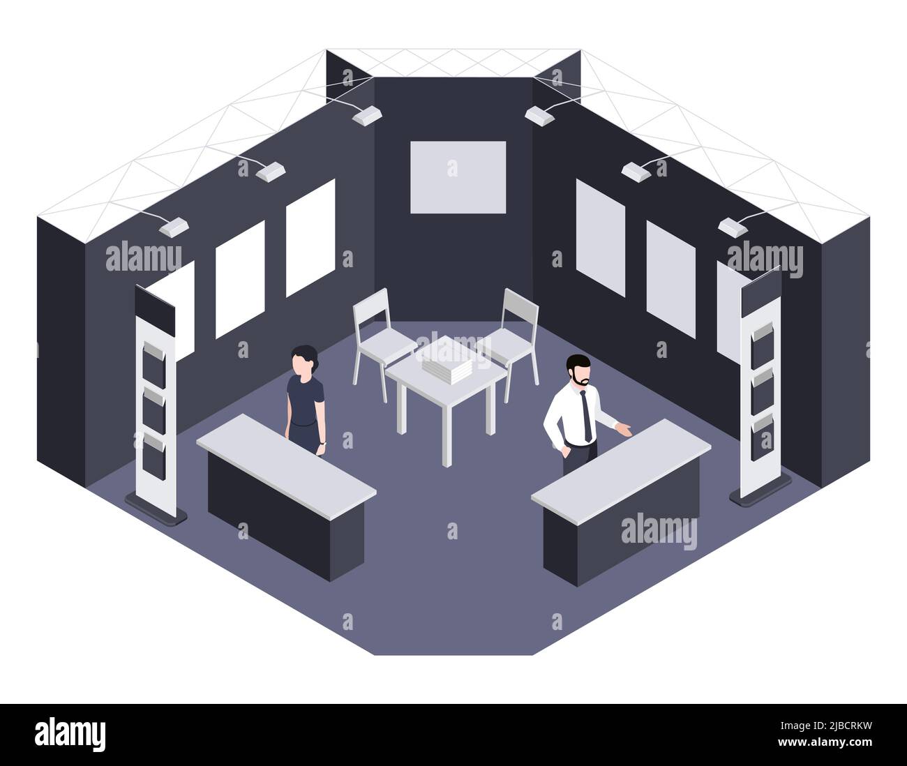 Expo Center isometrischen Hintergrund illustrierte Ausstellungsabschnitt mit Beratern warten auf Besucher Vektor-Illustration Stock Vektor