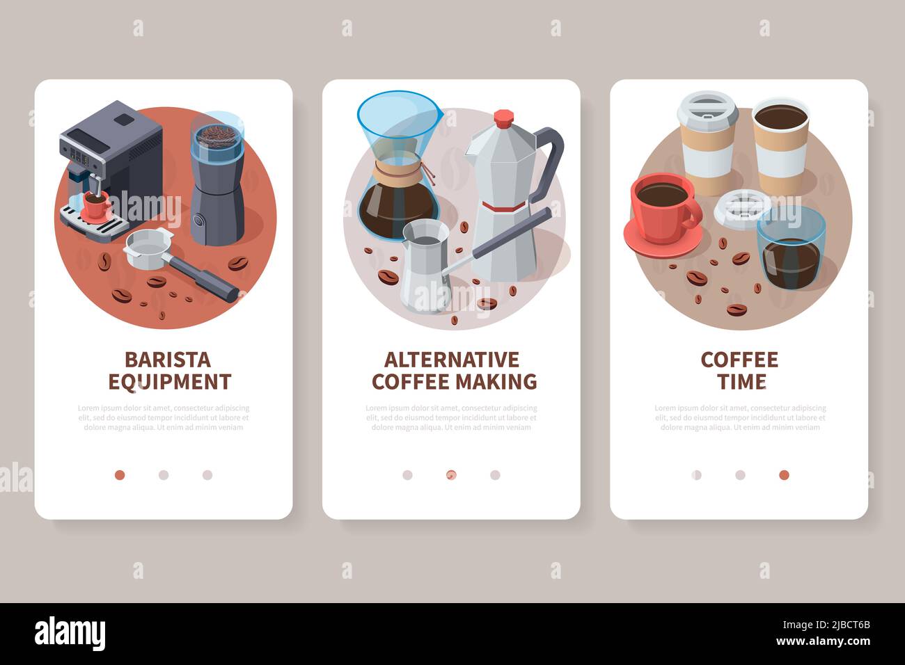 Professionelle Barista Kaffeeausrüstung isometrischer Satz vertikaler Banner mit Seitenwechsel-Tasten und editierbarer Textvektordarstellung Stock Vektor