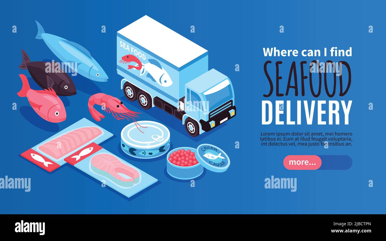 Seafood horizontales Banner mit Lieferwagen und Satz von frisch verpackten und Konserven Fischprodukte isometrische Vektor-Illustration Stock Vektor