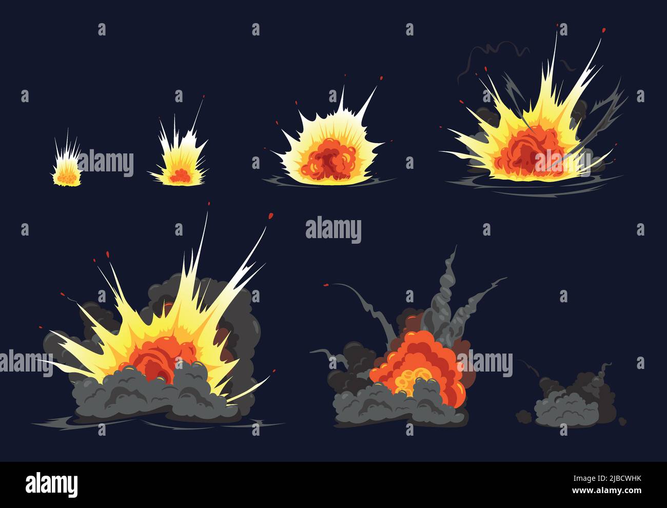 Bomb Explosion Cartoon Animation Comics Streifen Serie mit bunten Feuer Knall Trümmer Wolke schwarzen Hintergrund Vektor Illustration Stock Vektor