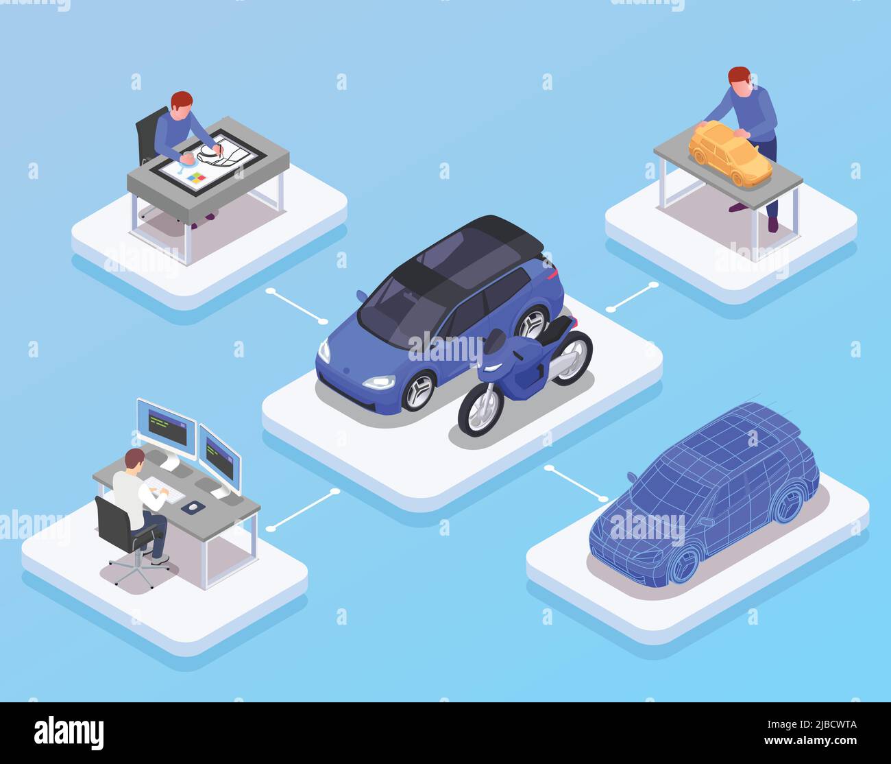 Autodesigner Beruf isometrisches Konzept mit 3D Modellsymbolen Vektordarstellung Stock Vektor