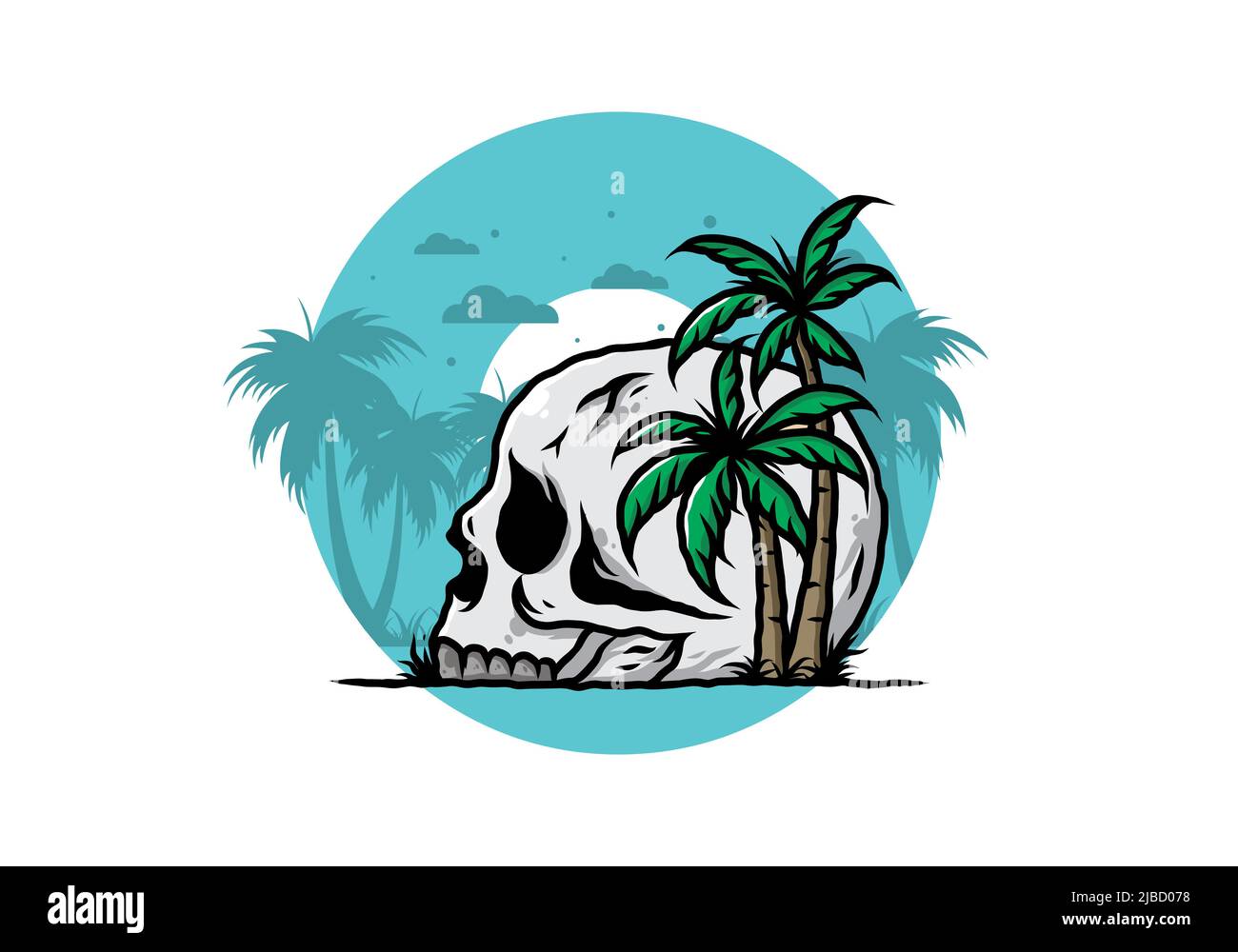 Schädel Skelett Kopf unter Kokospalmen Illustration Design Stock Vektor