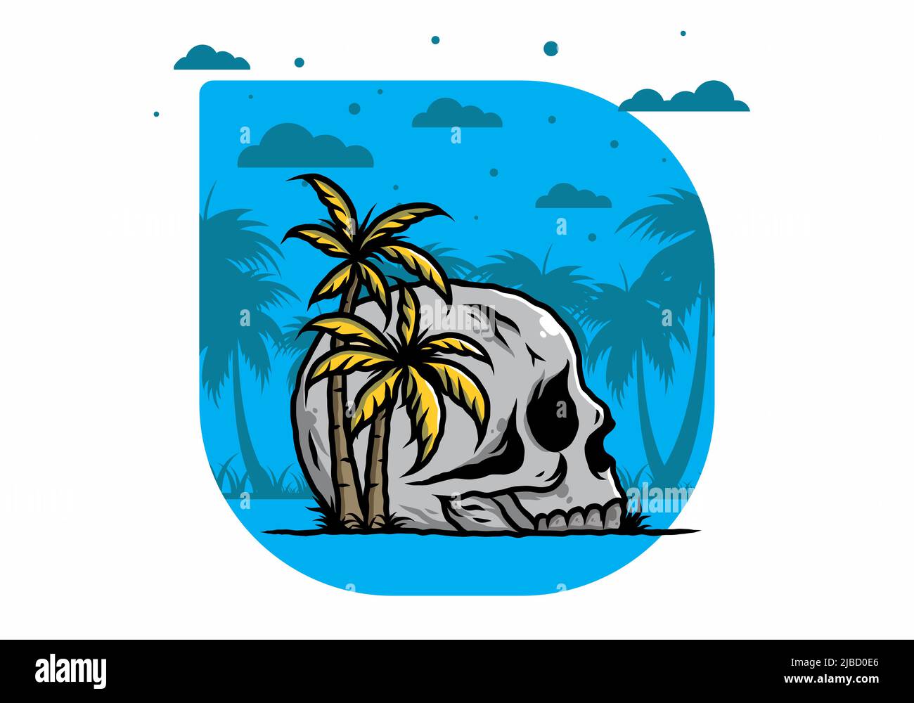 Schädel Skelett Kopf unter Kokospalmen Illustration Design Stock Vektor