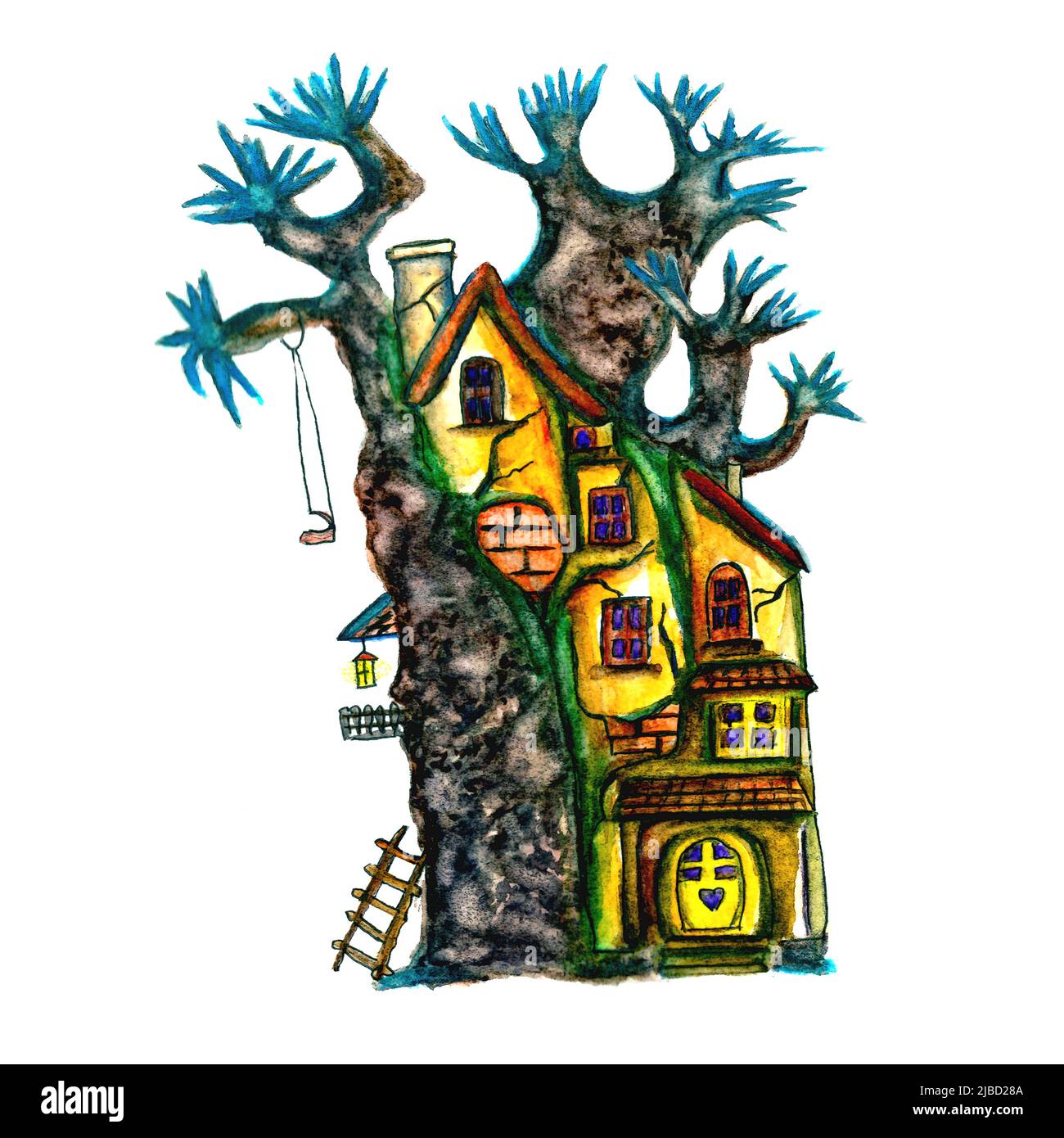 Aquarell Illustration fabelhaftes Haus von Gnomen und Elfen auf dem großen magischen Baum gebaut, isoliert Stockfoto