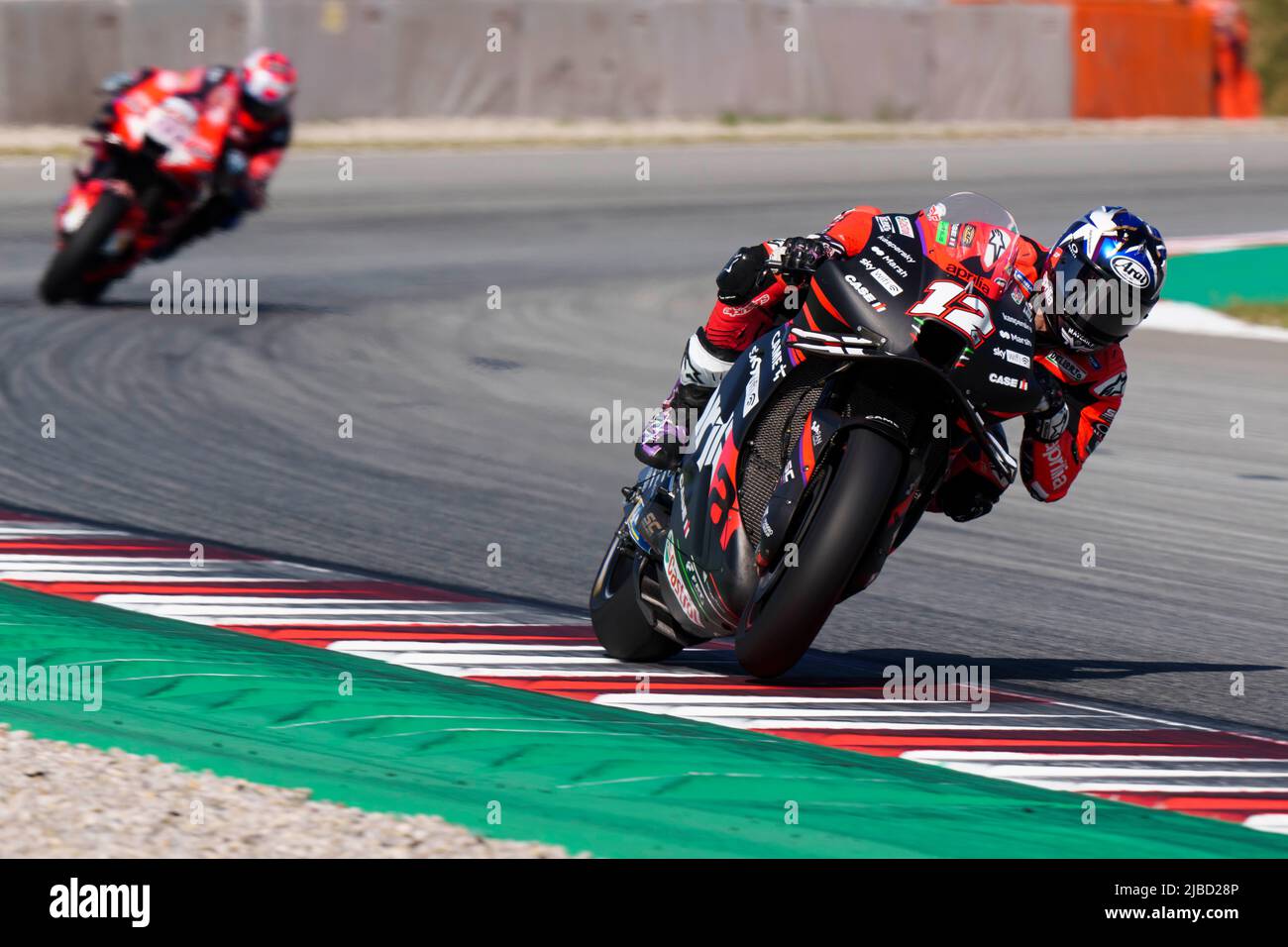 5.. Juni 2022; Circuito de Catalunya, Montmelo, Barcelona, Spanien: Gran Premio Monster Energy de Catalunya, MotoGP von Spanien, Renntag: Maverick Vinales von Spanien fährt die (12) Aprilia MotoGP während des Warm-Up Credit: Pablo Guillen/Alamy Stockfoto