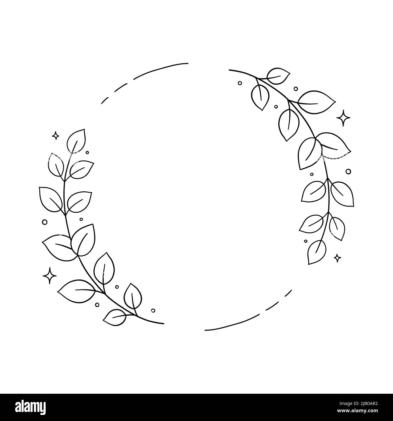 Blumenkranz mit Blättern. Pflanzen Sie den runden Rahmen mit einem Ast. Minimale Linie handgezeichnete Doodle Illustration. Schwarz-Weiß-Farbe Stock Vektor