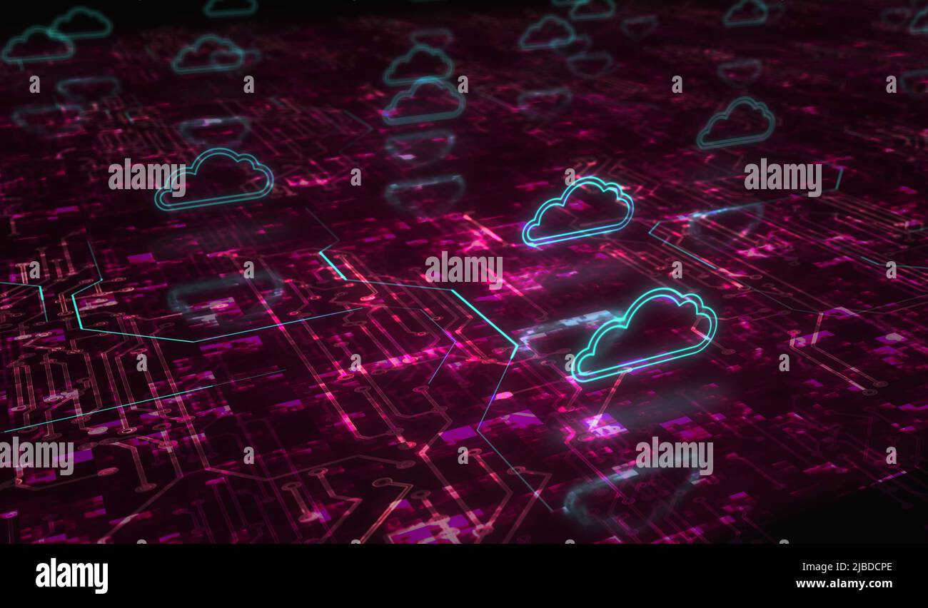Cloud Computing und Online-Speicher und Internet-Server stehen für digitales Konzept. Netzwerk, Cyber-Technologie und Computer Hintergrund abstrakt 3D illustrat Stockfoto