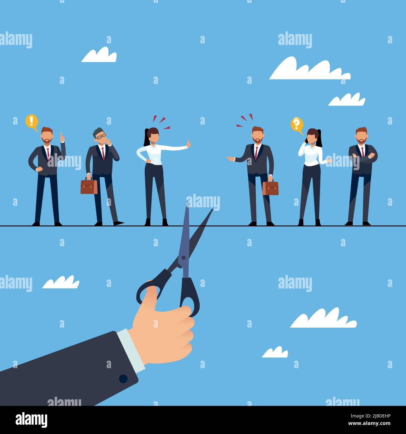 Trennung der Beziehungen. Interessenkonflikte, Meinungsverschiedenheiten und Kampfkommunikation, Teamkrieg, Krise und Rivalität zwischen Kollegen, Menschen Stock Vektor