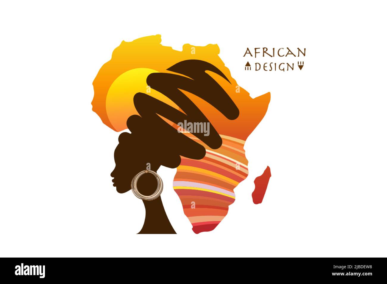 Afrika Mutterland, Afrikanische Frau Porträt in ethnischen Turban, Silhouette, Afrika Kontinent Karte Sonnenuntergang Landschaft. Afro-Design, Safari-Tribal-Logo-Banner Stock Vektor