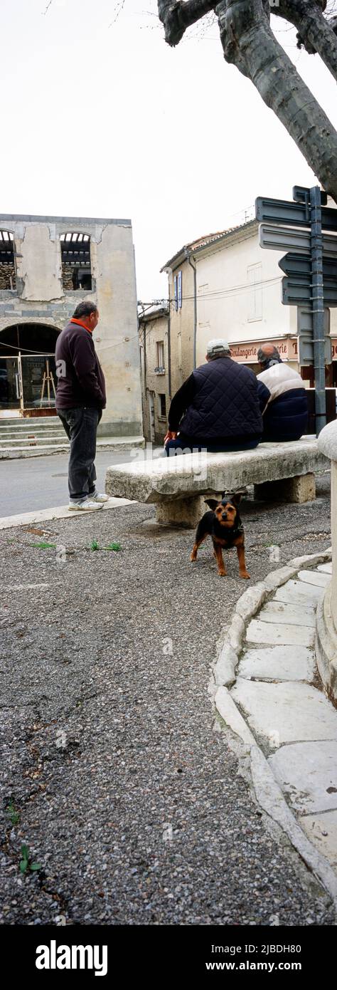 Männer mit vertikalem Panoramablick sprechen auf dem zentralen Platz von Etienne les Orgues, Provence, Frankreich, mit einem Hund. Stockfoto