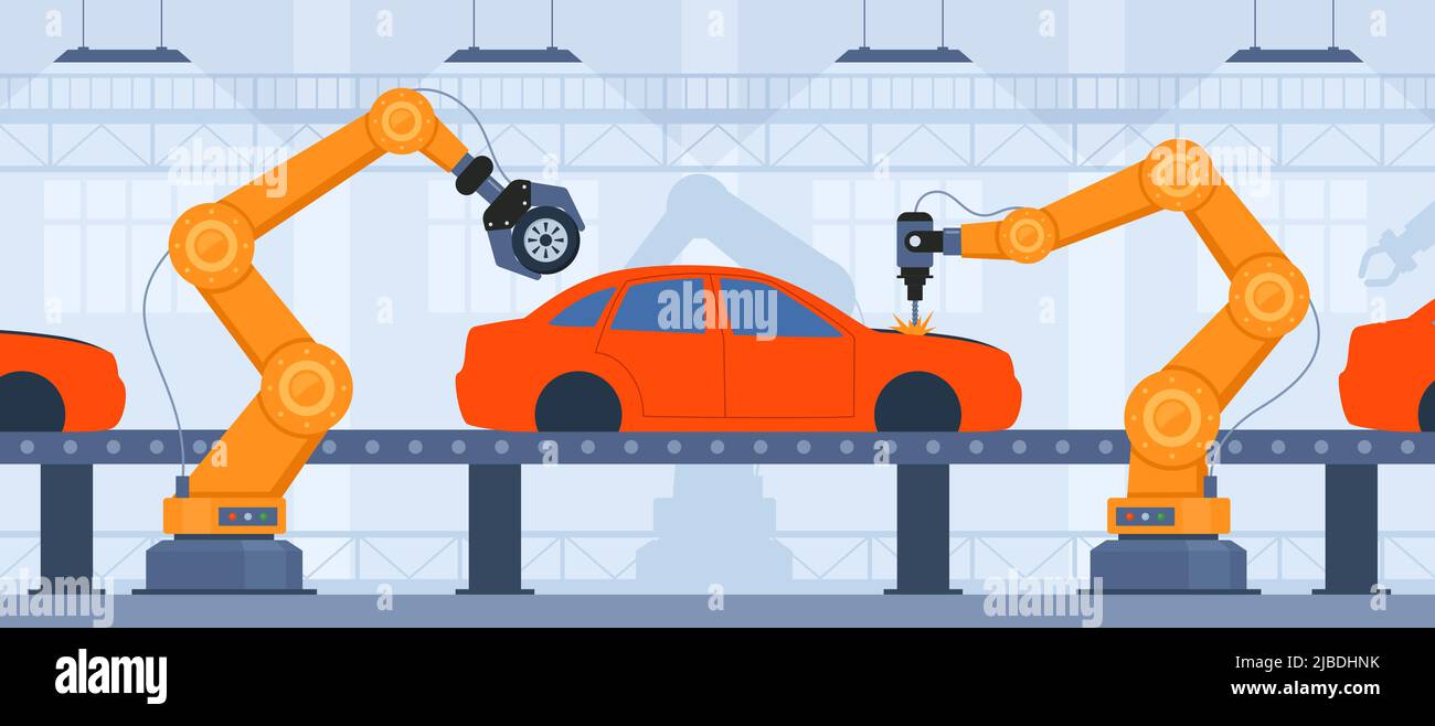 Prozess der automatisierten Automobilproduktion. Teile auf der Maschinenlinie mit Roboterhänden. Montagelinie in einem Automobilwerk. Vektorgrafiken Stock Vektor