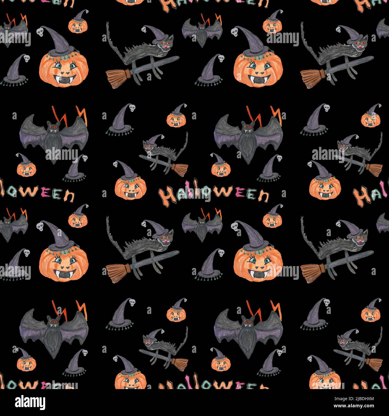 Halloween, nahtloses Muster auf schwarzem Hintergrund, Elemente werden in Aquarelltechnik von Hand gezeichnet Stockfoto