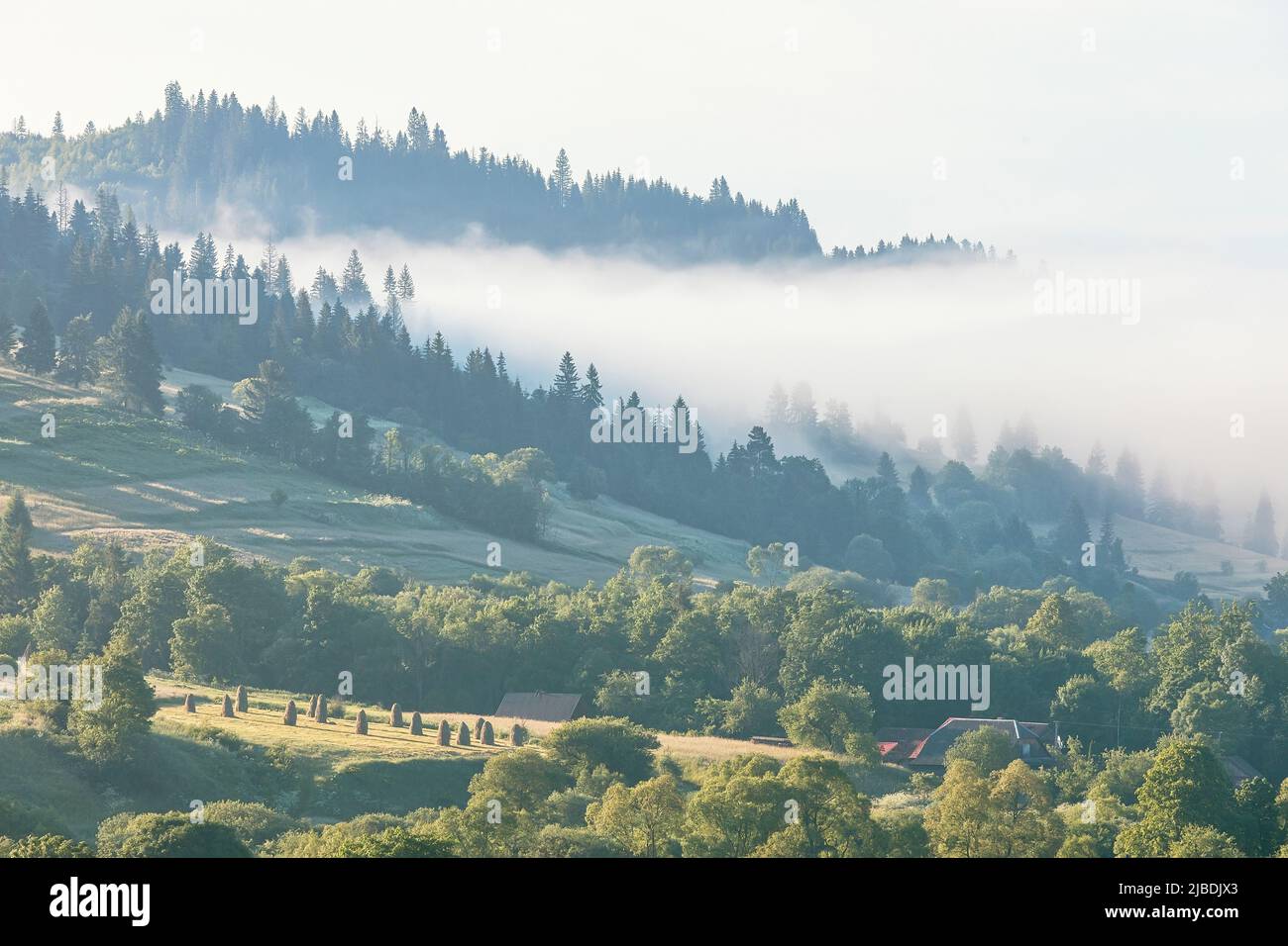 Wunderschöne Berglandschaft mit Heustapeln, sommerliche Kulisse im Freien Stockfoto