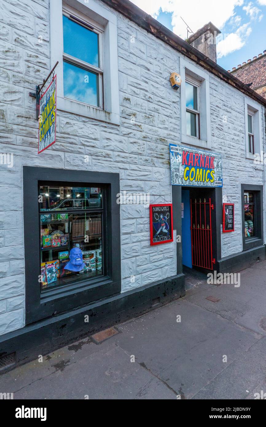 Comic Book Store an der High Street in Callander, Schottland, Großbritannien Stockfoto