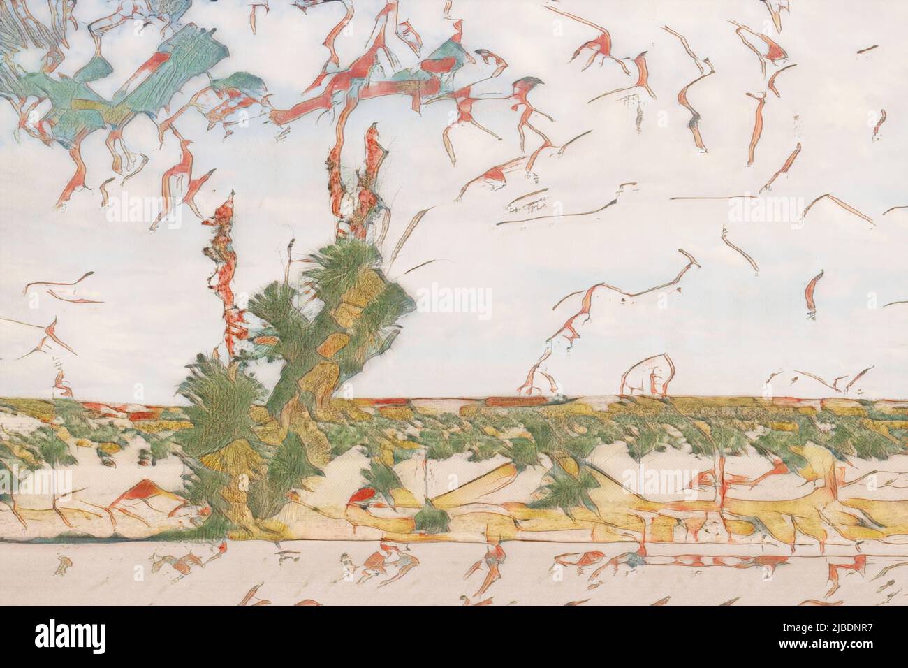 Wüstenlandschaft von New Mexico, USA, mit einer extrem hohen Soaptree Yucca oder Yucca elata. Bilder wurden in eine Illustration umgewandelt. Stockfoto