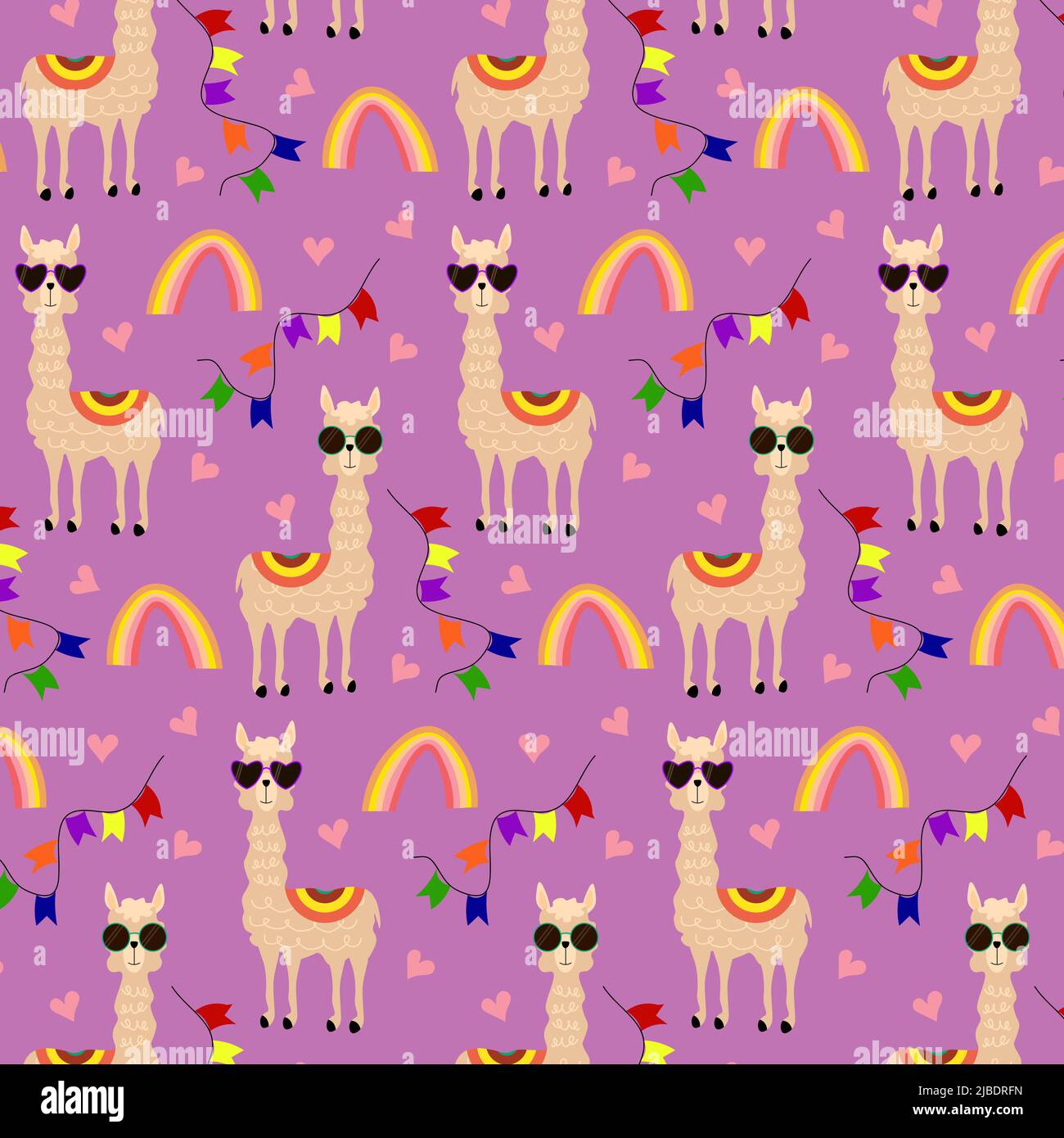 Muster mit Lamas, Regenbogen und Fahnen. Stock Vektor