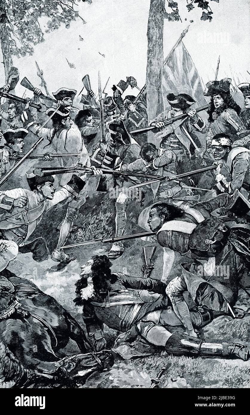 In der Überschrift von 1906 heißt es: „ANKLAGE DER IRISCHEN BRIGADE IN RAMILLIES. – Als der katholische König, James II., aus England vertrieben wurde, klammerten sich viele seiner loyalen irischen Untertanen an ihn und schlossen sich seinem Exil in Frankreich an. Dort kämpften sie unter Ludwig XIV. Herrlich gegen die verhassten Engländer. Unsere Illustration zeigt sie in Ramillies, wo sie eine schrakende Anklage gegen die Engländer von Marlborough erhoben. Selbst ihre Tapferkeit konnte den inkompetenten französischen General jedoch nicht vor der Niederlage retten; und sie wurden vergeblich geopfert.“ Die Schlacht von Ramillies am 23. Mai 1706 war ein überwältigender Sieg für den Großen Stockfoto