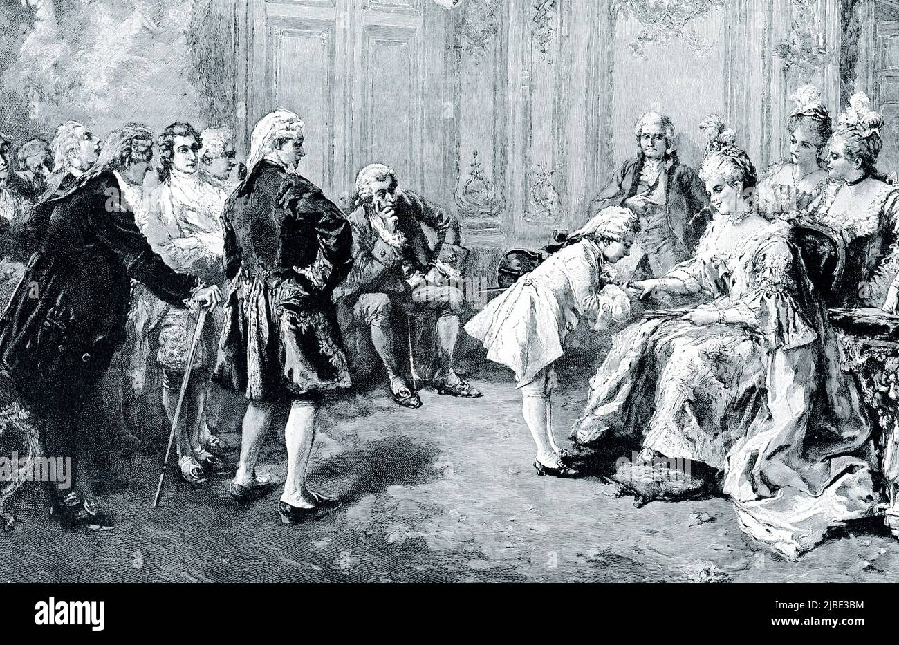 MOZART STELLTE MADAME POMPADOUR VOR. – In der schlimmsten Zeit des französischen Hofes, als Ludwig XV. Auf dem Thron saß und seine Herrin, Madame Pompadour, in seinem Namen regierte, wurde sie wie eine Königin behandelt. Die bildende Kunst, einschließlich der Musik, hatte in Frankreich begonnen, zu blühen, und der kleine Mozart, der später der großartigste Musiker der Zeit, wurde als kleines Wunderkind eingeführt. Obwohl er sechs Jahre alt war, war er bereits ein wunderbarer Pianist und ein höfischer Gentleman, der mit seinem Vater durch Europa tourte. Leopold Mozart kam am 18. November 1763 mit seinen zwei Wunderkindern nach Paris: Maria-Anna, bekannt als N Stockfoto