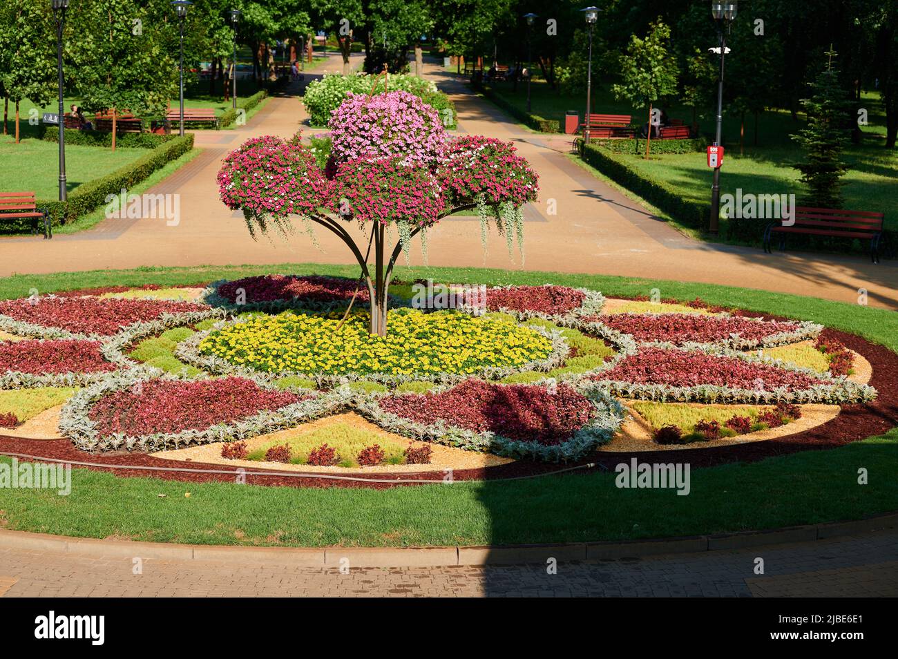 Blühendes Blumenbeet im städtischen Landschaftspark für Bewohner an einem warmen Sommertag Stockfoto