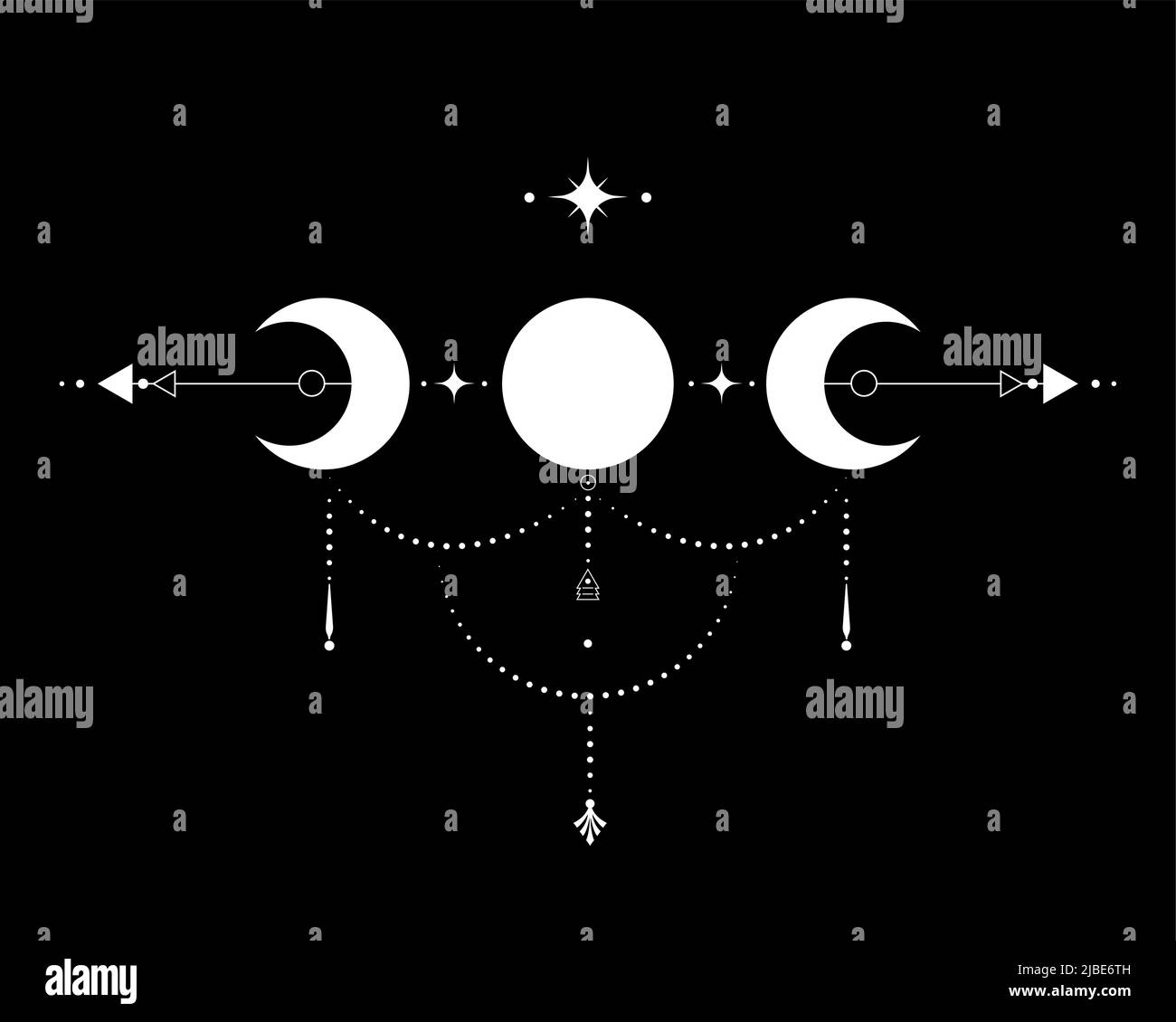 Dreifacher Mond, Heilige Geometrie, mystische Pfeile und Halbmond, gepunktete Linien im Boho-Stil, Wiccan-Symbol, Alchemie esoterische mystische Zauberzeichen. Geist Stock Vektor