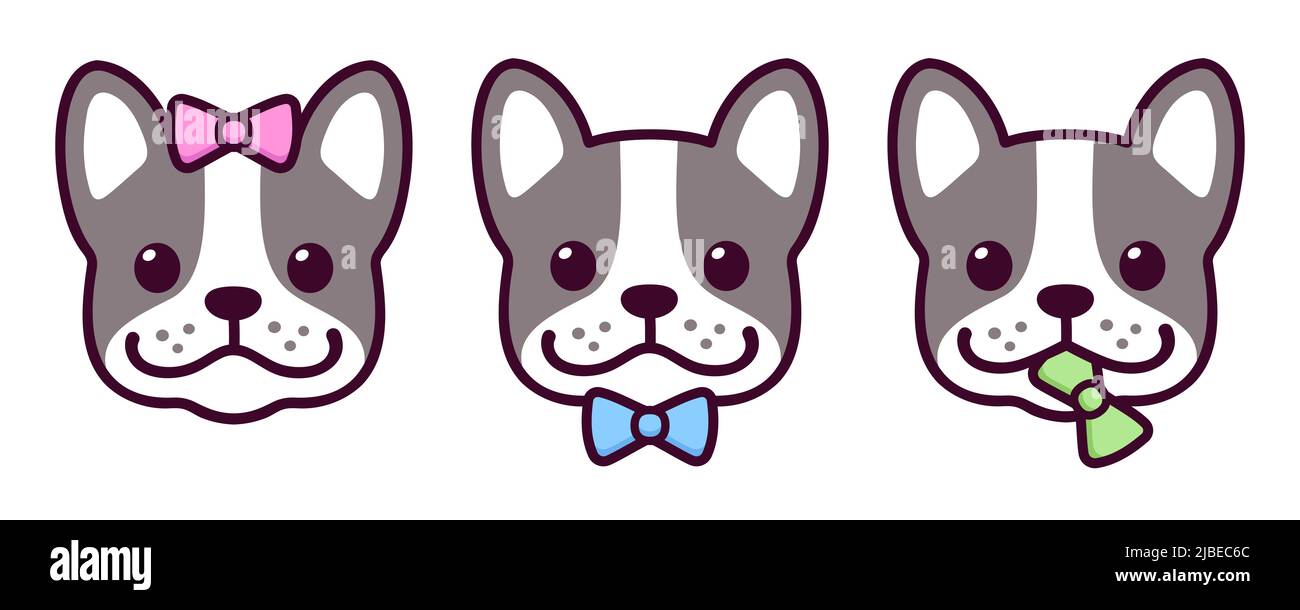 Niedliche Cartoon Französisch Bulldoggen mit farbigen Schleifen. Junge, Mädchen und geschlechtsneutral (nicht binär). Kawaii Frenchie Hund Geschlecht Vektor Illustration set. Stock Vektor