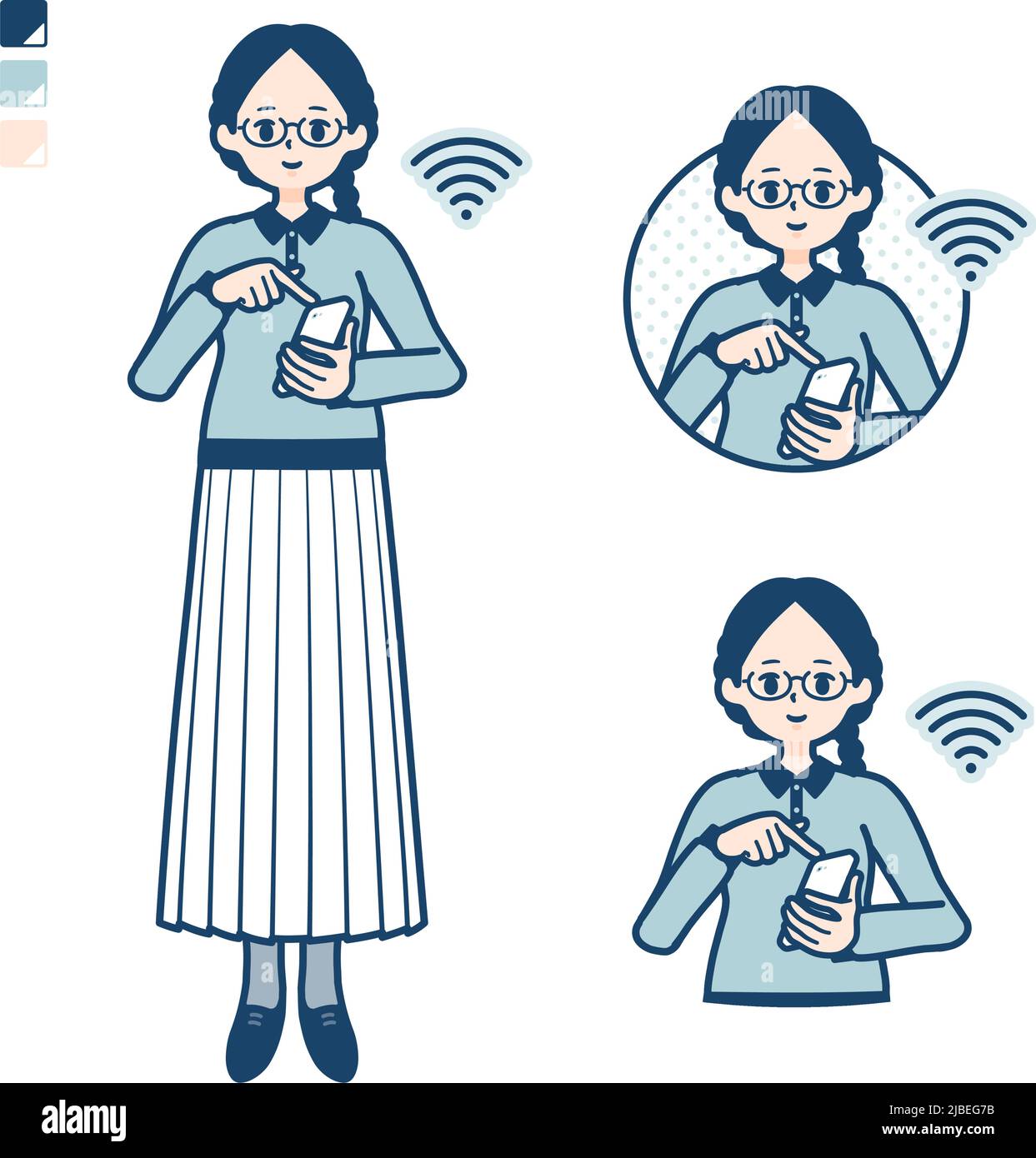 Eine junge Frau mit Brille mit Bedienung Smartphone-Bilder.Es ist Vektorgrafik, so ist es einfach zu bearbeiten. Stock Vektor