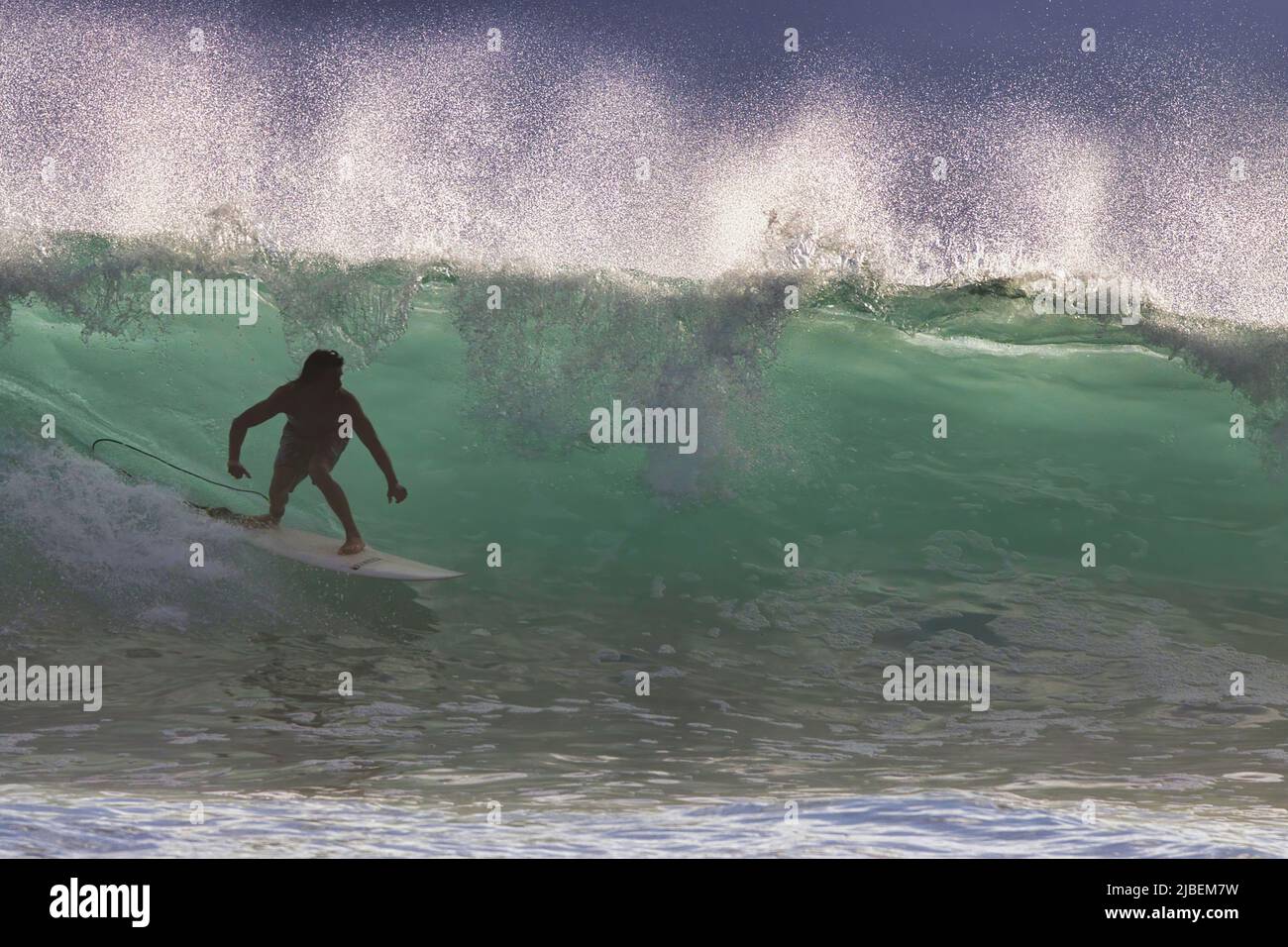 Wunderschöne grüne Welle mit einem silhouettierten Surfer. Stockfoto