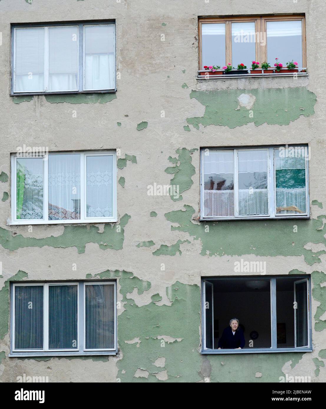 Eine elderhafte bosnische Frau, die aus ihrem Fenster in Sarajevo, Bosnien und Herzegowina blickt. Stockfoto