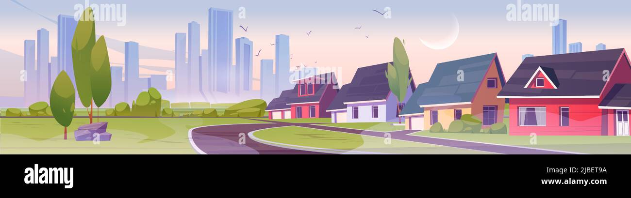 Vorstadtbezirk mit Häusern am frühen Morgen. Vektor-Cartoon-Illustration der Sommerstadt Landschaft der Vorstadt Straße mit Hütten, Büschen und Bäumen im Nebel Stock Vektor