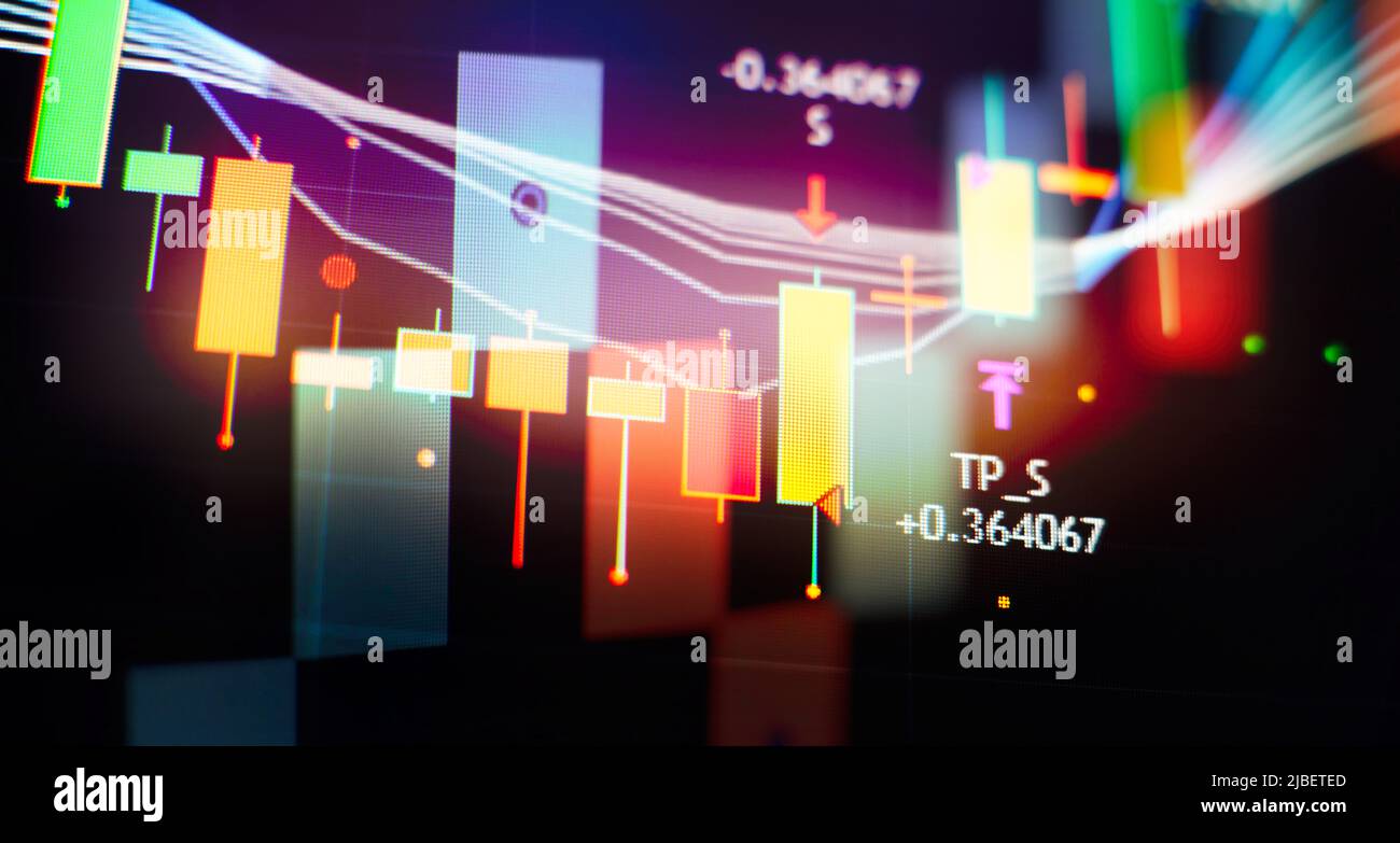 Analyse von Finanzstatistiken und Analyse von Marktdaten. Datenanalyse aus Diagrammen und Diagrammen Stockfoto