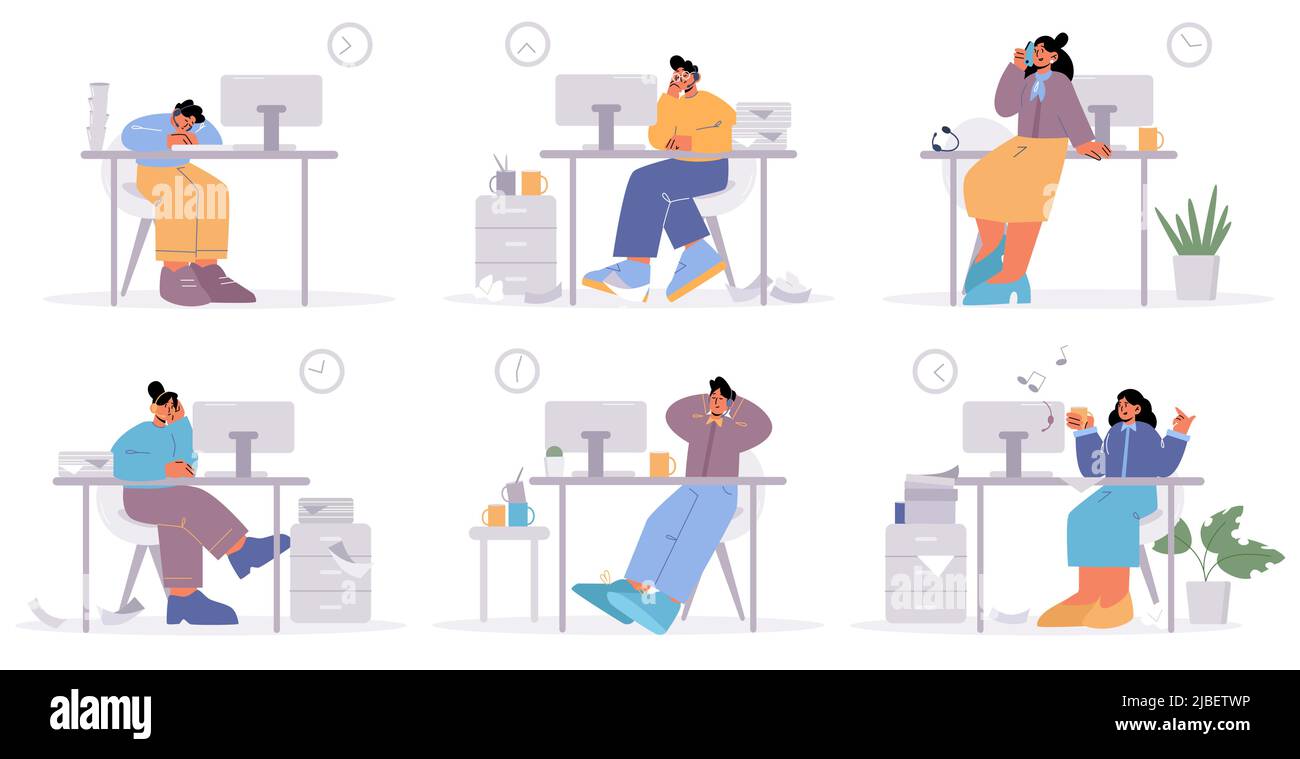 Faule Büroangestellte zögern, verschieben Arbeit isoliert gesetzt. Manager Männer und Frauen sitzen und liegen am Schreibtisch mit pc, schlafen, entspannen, sprechen per Telefon statt Job Line Art flache Vektor-Illustration Stock Vektor