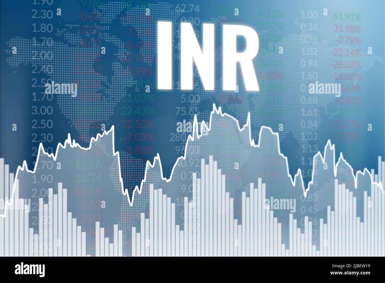Wörter INR auf blauem Finanzhintergrund. 3D Rendern. Weichfokus. Währungsmarktkonzept Stockfoto