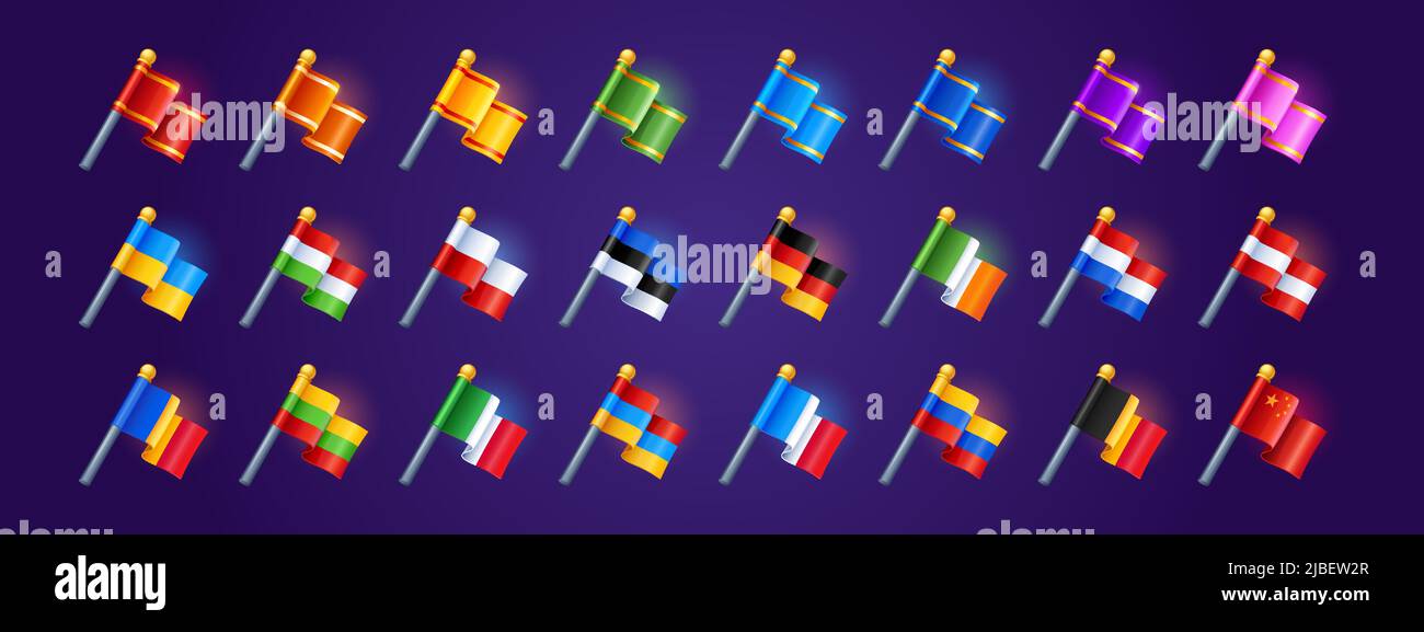 Spiel-Symbole mit Flagge der verschiedenen Länder und Farbe Wimpel auf Stange. Vektor-Cartoon-Set von wehenden Fahnen der Ukraine, Belgien, Österreich, Frankreich, Deutschland, China, Polen und andere Stock Vektor