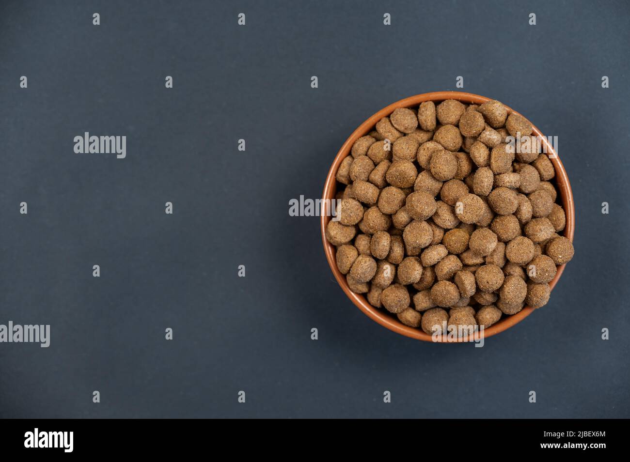 Eine Schüssel Hundefutter vor grauem Hintergrund. Runde braune Pellets in einer Keramikschale. Kornfreie Lebensmittel. Gesunde Ernährung. Draufsicht. Platz für Text und kopieren Stockfoto