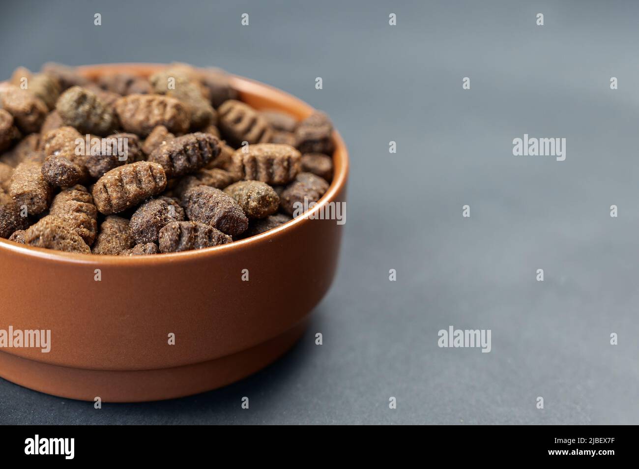 Hundefutter in einer braunen Tonschale vor grauem Hintergrund trocknen. Die Pellets sind oval. Futter für Hunde, die zu Übergewicht neigen. Nützliches Tierfutter-Konzept. Schließen-U Stockfoto