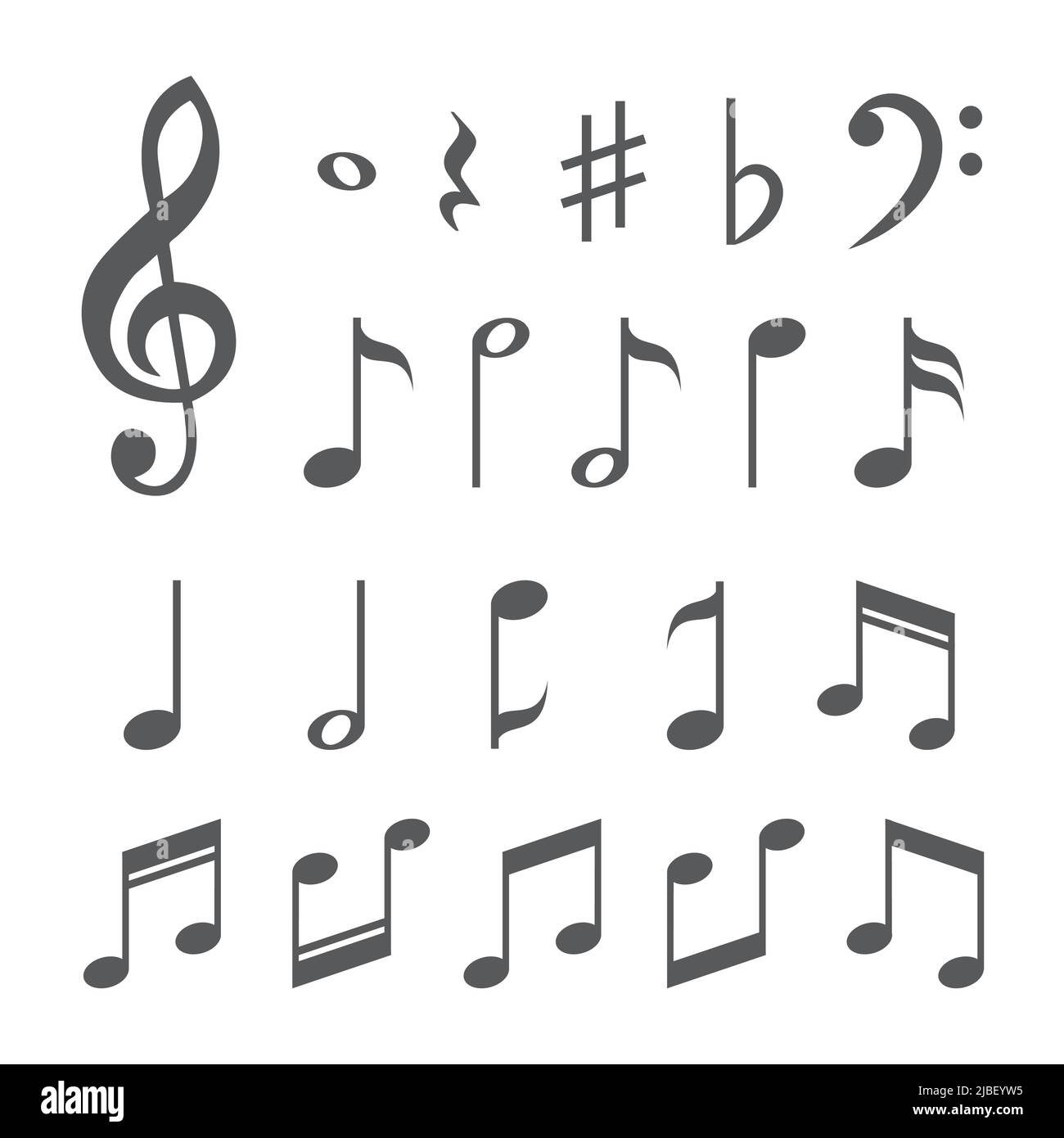 Symbole für Musiknoten auf weißem Hintergrund Stock Vektor