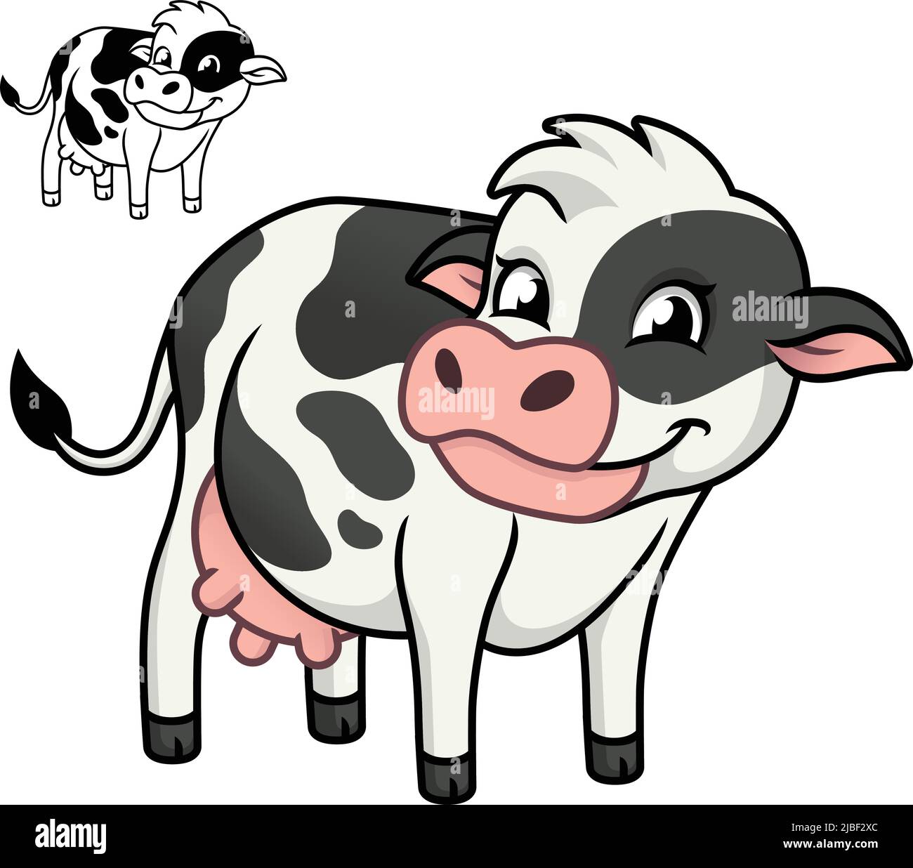 Süße glückliche Milchkuh mit schwarz-weißen Linienkunstzeichnung, Säugetiere, Vektor-Charakterillustration, Umriss Cartoon Maskottchen-Logo in isoliertem Weiß Stock Vektor